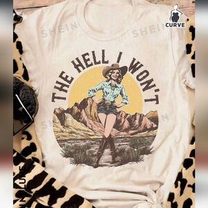 SHEIN Plus Size Vintage Western Landscape & Girl Print Casual Short Sleeve